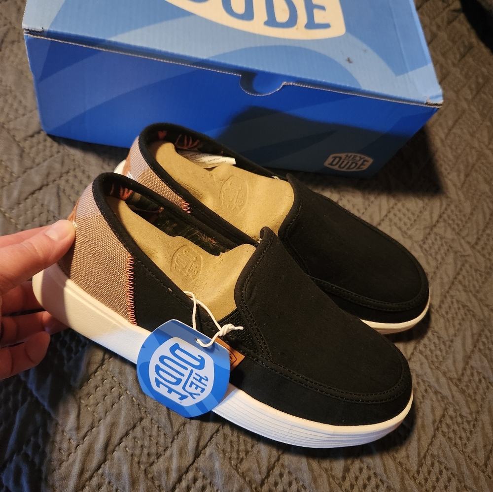 Hey Dude Black and Tan Slip-On Shoes